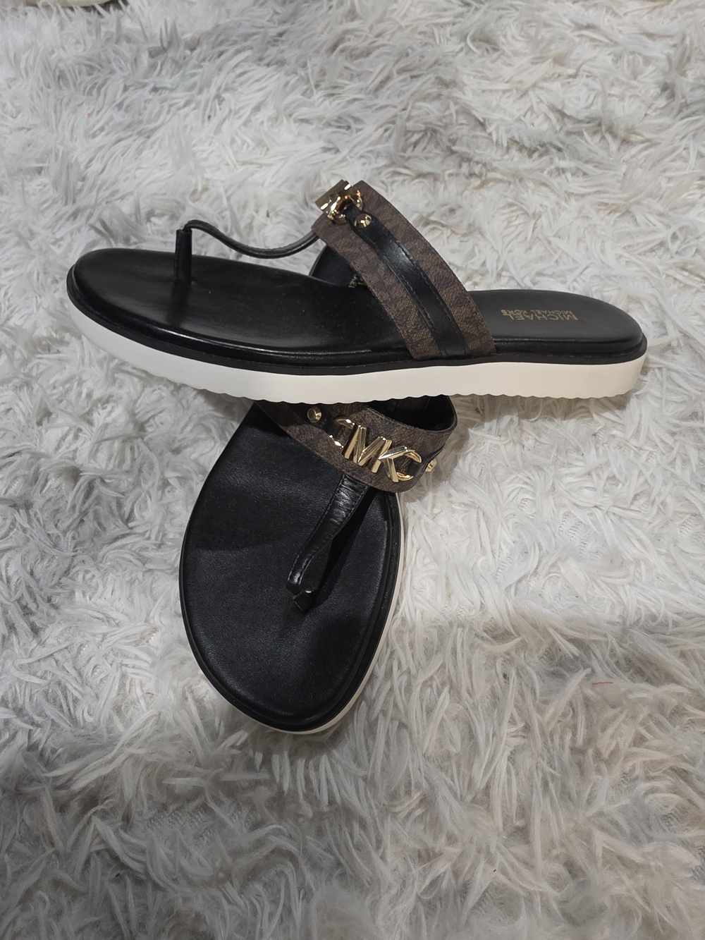 Michael Kors Black and Brown Logo Thong Sandals with White Platform Sole